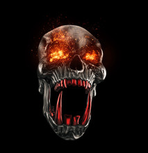 Screaming Angry Demon Skull With Flaming Eyes And Red Teeth
