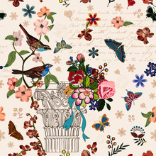 Vintage French Style Architectural Image Enhanced With Flowers, Birds Butterflies, Script. Interacted Design For Your Projects. It's A Vector Pattern, Seamless And Repeating Pattern. 