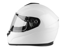 White Motorcycle Carbon Integral Crash Helmet Isolated White Background. Motorsport Car Kart Racing Transportation Safety Concept