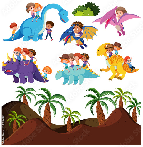 kids-riding-dinosaur-and-prehistoric-background