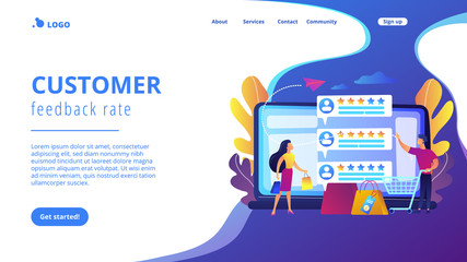 Tiny people customers rating online with reputation system program. Seller reputation system, top rated product, customer feedback rate concept. Website vibrant violet landing web page template.