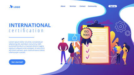 Tiny business people like standard for quality control. Standard for quality control, ISO 9001 standard, international certification concept. Website vibrant violet landing web page template.