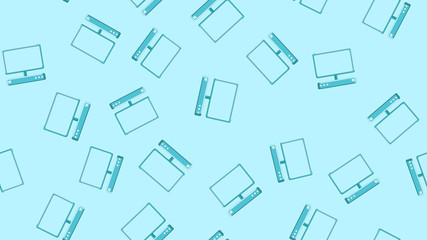 Poster - Seamless pattern texture of endless repetitive modern digital laptop computers with monitors on blue background. Vector illustration