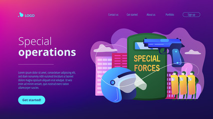 Tiny people special military unit with equipment conducts operation. Special military forces, special operations, modern military equipment concept. Website vibrant violet landing web page template.