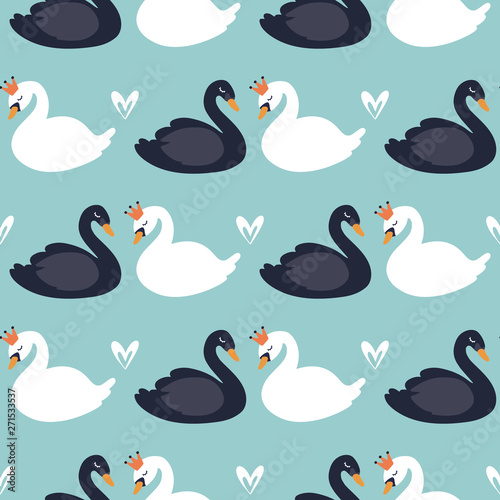 Cotton fabric Cartoon cute swan seamless pattern, vector design for wrapping paper, textile, background fill design.