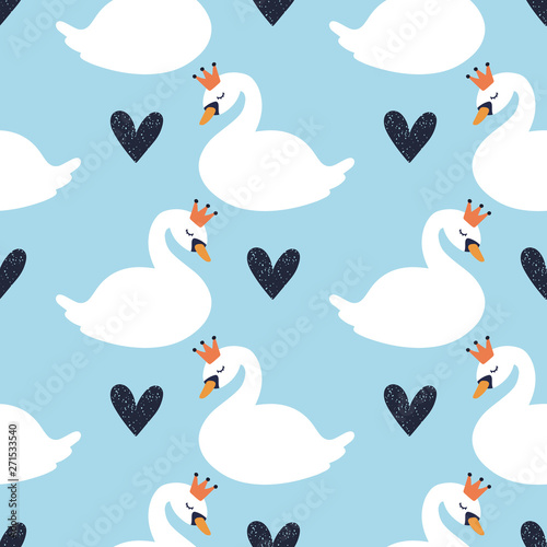 Cotton fabric Cartoon cute swan seamless pattern, vector design for wrapping paper, textile, background fill design.