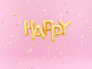 Wall Mural - Happy text gold foil balloons and confetti on pink background, happy event banner, 3d rendering