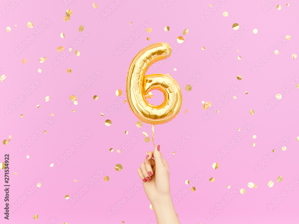 Six year birthday. Female hand holding Number 6 foil balloon. Six-year anniversary background. 3d rendering - obrazy, fototapety, plakaty 