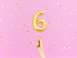 Six year birthday. Female hand holding Number 6 foil balloon. Six-year anniversary background. 3d rendering