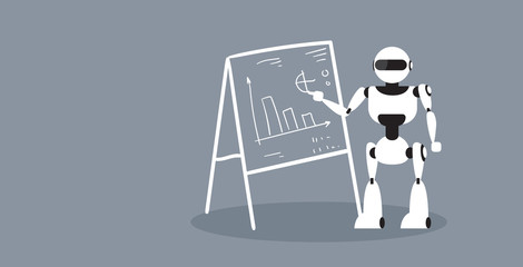 Poster - modern robot presenting financial graphs finance report on flip chart business presentation artifici