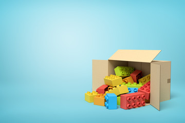 Fototapete - 3d rendering of cardboard box lying sidelong full of colorful toy bricks on blue background.