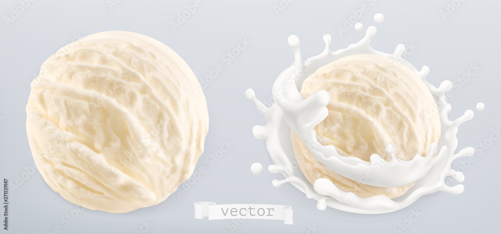 Ball of ice cream and splash of milk. 3d realistic vector - obrazy, fototapety, plakaty 