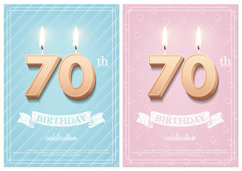 Burning number 70 birthday candles with vintage ribbon and birthday celebration text on textured blue and pink backgrounds in postcard format. Vector vertical seventieth birthday invitation templates.