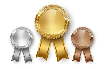 Vector gold, silver, bronze medals and ribbons isolated on white background.