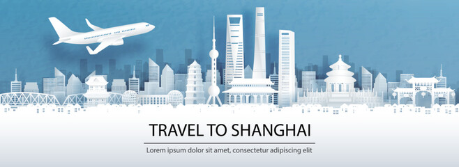 Wall Mural - travel advertising with travel to shanghai concept with panorama view of shanghai city skyline and w