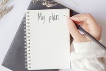 Woman Hand Holding Pencil With The Notebook With My Plan Text Is On Top Of White Notebook On Office Desk Table.Life  Planning Concept.