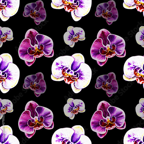 Seamless pattern from orchid flowers. Watercolor painting. Exotic plant. Flor...