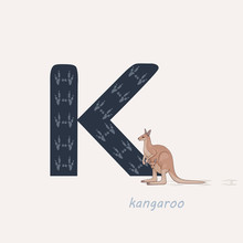 Vector Illustration. Blue Letter K With Kangaroos Footprints, A Cartoon Kangaroo. Animal Alphabet.