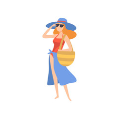 Poster - Girl in Swimsuit, Pareo, Sunglasses and Hat, Beautiful Young Woman Enjoying Summer Vacation on Seashore Vector Illustration