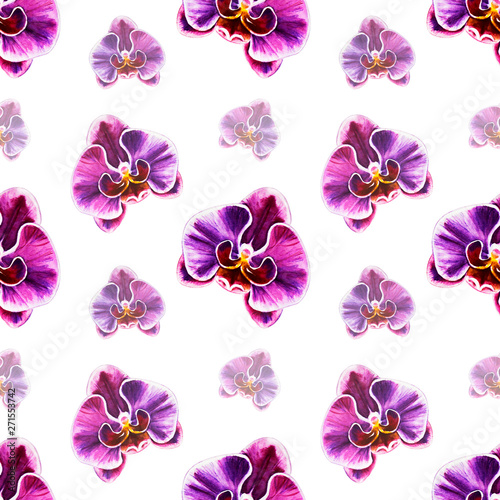 Seamless pattern from orchid flowers. Watercolor painting. Exotic plant. Flor...