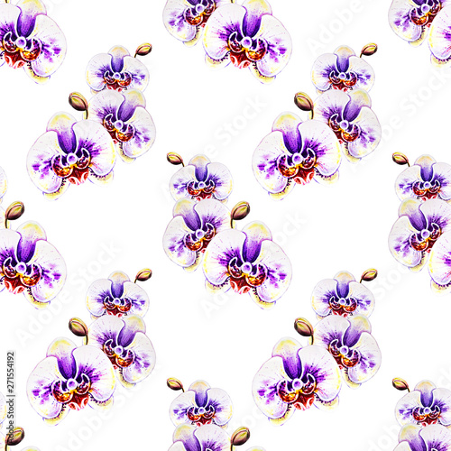 Seamless pattern from orchid flowers. Watercolor painting. Exotic plant. Flor...