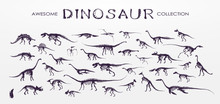 Set, Silhouettes, Dino Skeletons, Dinosaurs, Fossils. Hand Drawn Vector Illustration. Comparison Of Sizes, Realistic Sketch Collection: A, Triceratops, Tyrannosaurus, Doodle Pattern 