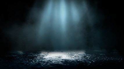 Wall Mural - Empty street scene background with abstract spotlights light. Night view of street light reflected on water. Rays through the fog. Smoke, fog, wet asphalt with reflection of lights. 