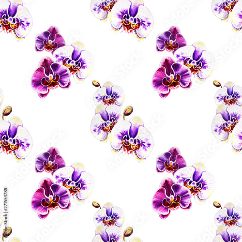 Seamless pattern from orchid flowers. Watercolor painting. Exotic plant. Flor...