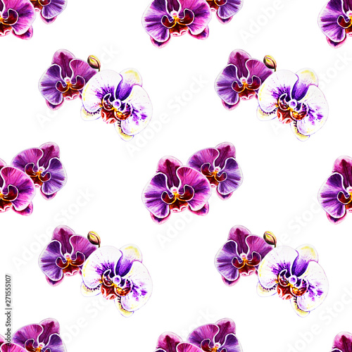 Seamless pattern from orchid flowers. Watercolor painting. Exotic plant. Flor...