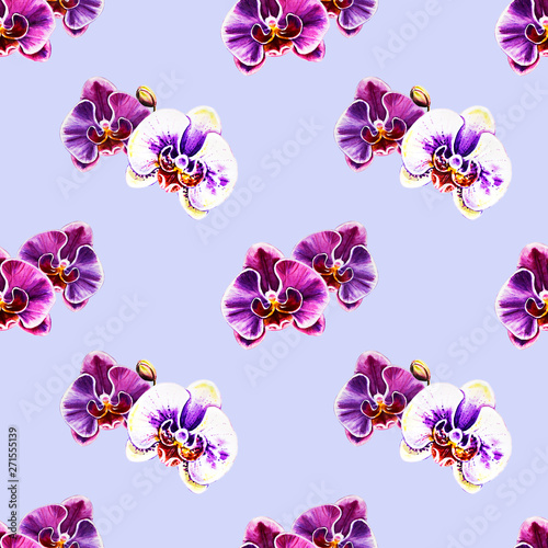 Seamless pattern from orchid flowers. Watercolor painting. Exotic plant. Flor...