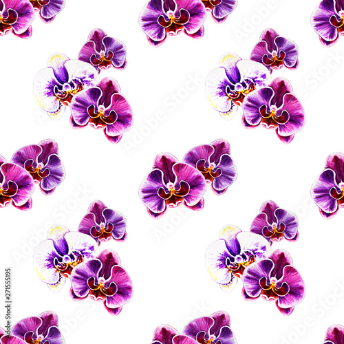 Seamless pattern from orchid flowers. Watercolor painting. Exotic plant. Flor...