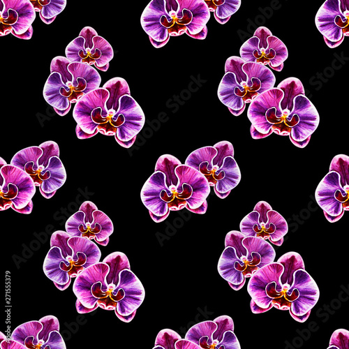 Seamless pattern from orchid flowers. Watercolor painting. Exotic plant. Flor...