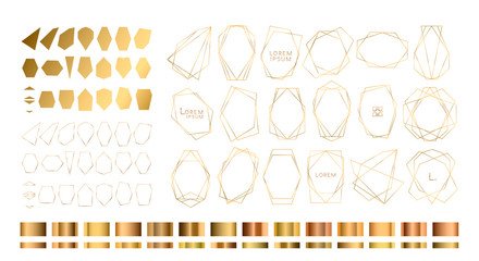 Gold collection of geometrical polyhedron, art deco style for wedding invitation, luxury templates, decorative patterns,... Modern abstract elements, vector illustration, isolated on backgrounds.