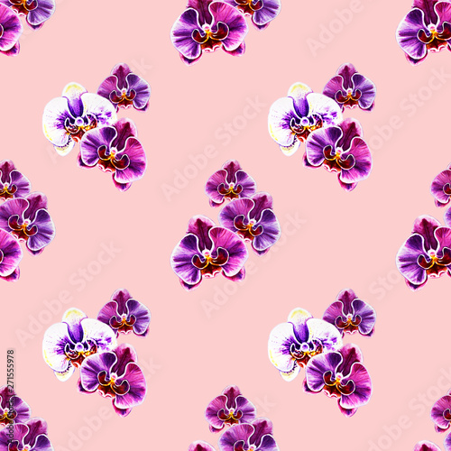 Seamless pattern from orchid flowers. Watercolor painting. Exotic plant. Flor...