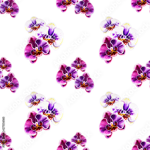 Seamless pattern from orchid flowers. Watercolor painting. Exotic plant. Flor...