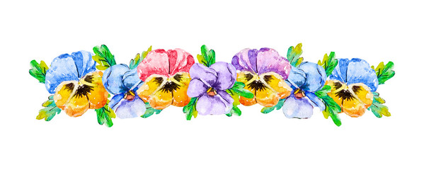 Watercolor linear floral bouquet of summer flowers heads of viola pansies pink yellow blue purple with foliage in a row on a white background isolated.Template for frames, invitations, wedding, birth