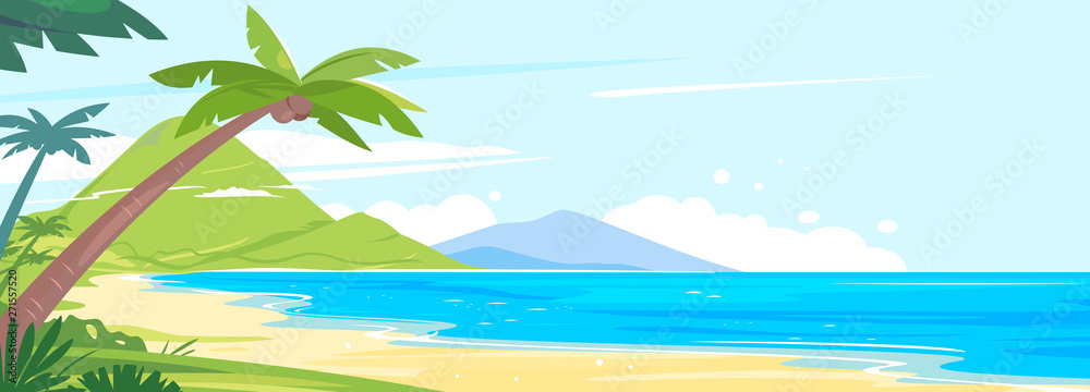Tropical coast with palm trees and long sandy beach, landscape from the group of tropical islands in the ocean, coconut palm trees on a desert island - obrazy, fototapety, plakaty 