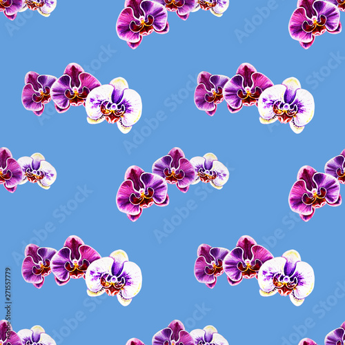 Seamless pattern from orchid flowers. Watercolor painting. Exotic plant. Flor...