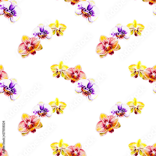 Seamless pattern from orchid flowers. Watercolor painting. Exotic plant. Flor...