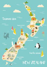New Zealand Illustrated Map With Bright Icons
