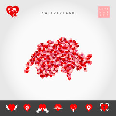 I Love Switzerland. Red and Pink Hearts Pattern Vector Map of Switzerland Isolated on Grey Background. Love Icon Set.