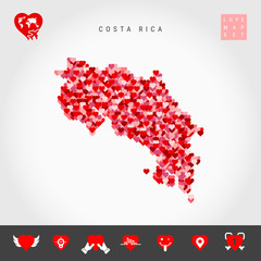 I Love Costa Rica. Red and Pink Hearts Pattern Vector Map of Costa Rica Isolated on Grey Background. Love Icon Set.