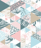 Fototapeta  - Seamless triangle pattern Tropical birds, palms, flowers. Grunge ink style.
