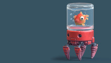 3d Cartoon Character Of Red Crab Bot With A Goldfish In An Aquarium On His Head. Сartoon Goldfish Swims In Glass Jar. Illustration Of A Stylized Robot Crab With Big Claws. 3d Render On Blue Background