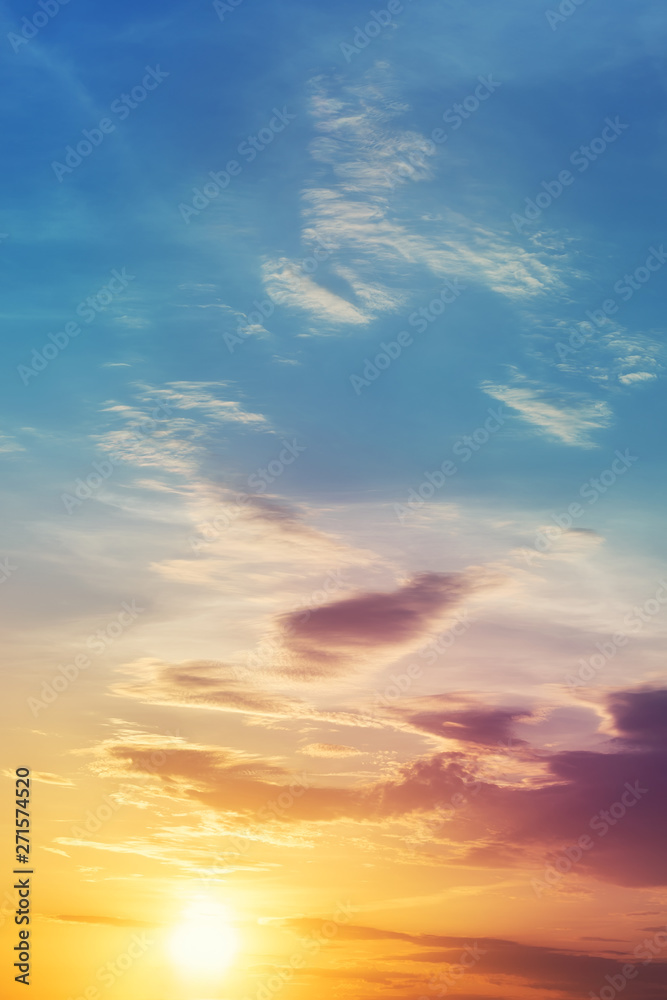 Dramatic colorful sunset or sunrise sky landscape. Natural beautiful dawn background wallpaper. Twilight time cloudscape - obrazy, fototapety, plakaty 