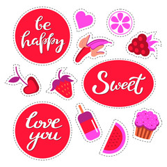 Wall Mural - Set of lettering quotes stickers - be happy, sweet, love you and fruits, sweets and heart stickers. Gift labels for decorating presents for holidays.
