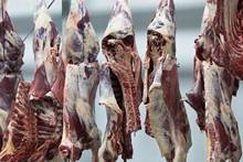 Freshly Slaughtered Halves Of Cattle Hanging On The Hooks In A Refrigerator Room Of A Meat Plant For Further Food Processing.