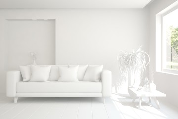 Mock up of stylish room in white color with sofa. Scandinavian interior design. 3D illustration