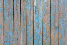 Gray Yellow Old Fence Wall Of Wooden Planks With Blue Peeling Paint And Cracks. Vertical Lines. Rough Surface Texture