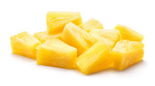 Canned Pineapple Chunks. Pineapple Slices Isolated. Pineapple Pieces On White Background.